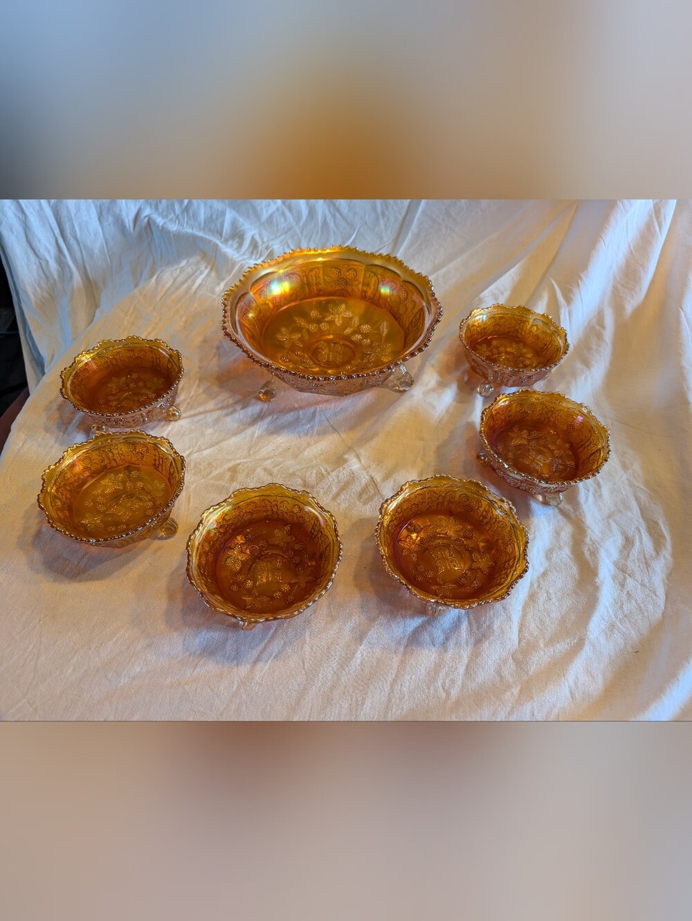 Fenton butterfly Berry Amber Carnival Glass Footed Serving Bowl Set